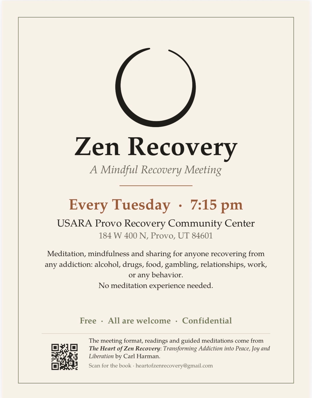 Zen Recovery mindful recovery meeting flyer with Tuesday meeting details