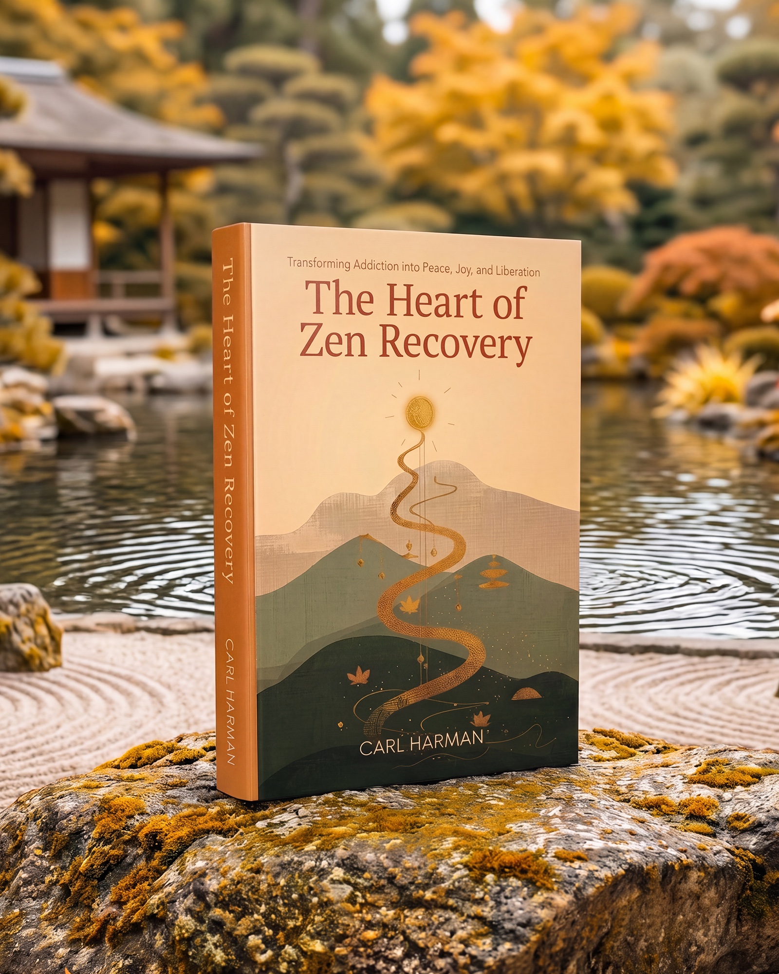 The Heart of Zen Recovery by Carl Harman, displayed in a tranquil Japanese garden